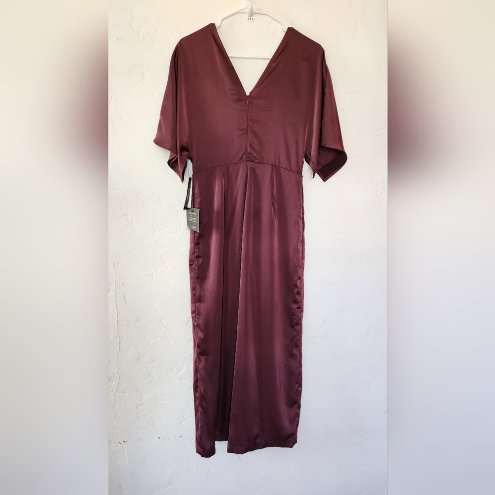 Lulus Kiss Me Now Plum Purple Satin Short Sleeve Wide-Leg Jumpsuit Small New - Picture 8 of 11